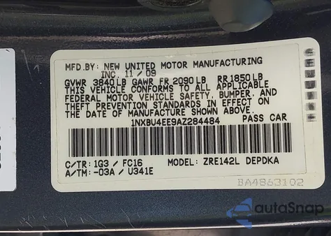 2010 Toyota Corolla Le from USA, damaged, VIN 1NXBU4EE9AZ284484